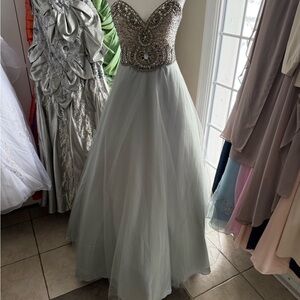 Strapless Beaded Gown in Silver and Cream